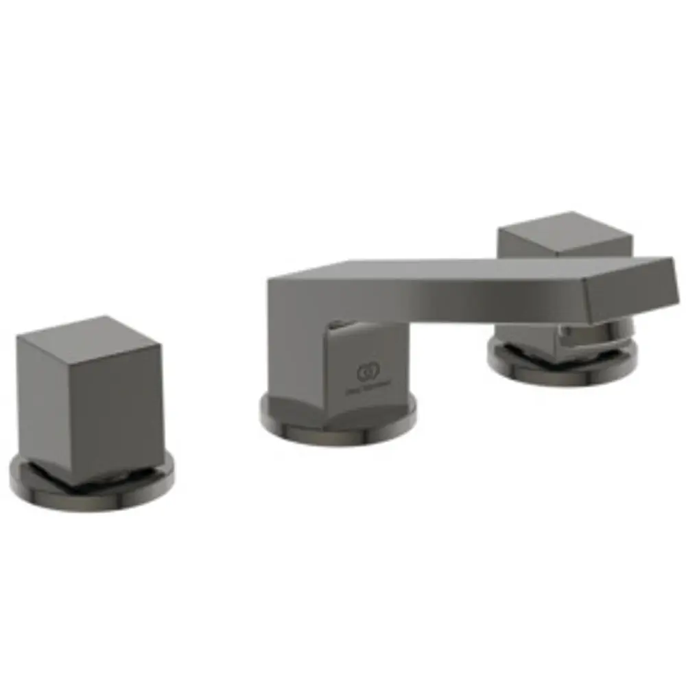 Waschtischarmatur in Magnetic Grey von Ideal Standard, bestehend aus einem mittleren Auslauf und zwei seitlichen Bedienelementen.
